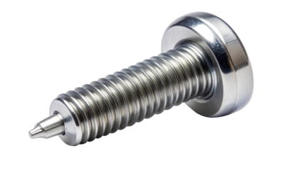 Close-up of a shiny metal screw with detailed threading, isolated on black