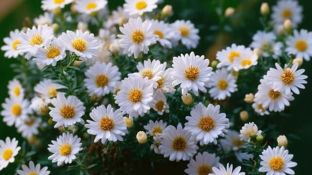 A close-up view of numerous white and yellow aster flowers blooming in the garden