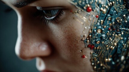Close-up view of a cyborg woman's face showcasing intricate circuitry design and detailed facial features