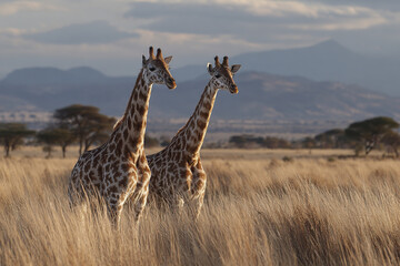 Fototapeta premium Two giraffes standing in tall dry grass of savanna with distant trees and mountains under cloudy sky, evoking peaceful and natural wildlife scene