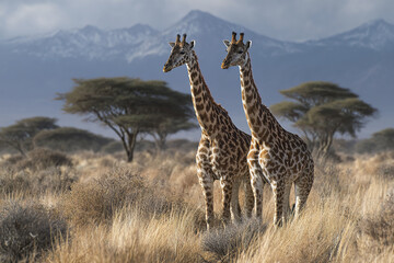Obraz premium Two giraffes standing in dry savanna grassland with acacia trees and mountain range in background, showcasing wildlife in natural habitat with calm atmosphere