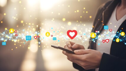 Close-up of a businesswoman's hands holding a smartphone with social media icons and a heart symbol floating around it in a blurred background with warm tones.