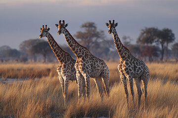 Obraz premium Three giraffes standing in tall dry grass of savanna during soft evening light with blurred trees in background creating calm natural scene