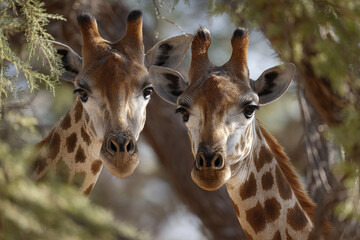 Obraz premium Two young giraffes with patterned fur and expressive eyes stand close together in natural environment surrounded by blurred tree branches and soft light, creating calm and intimate wildlife scene