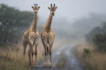 Obraz premium Two giraffes standing on dirt road in misty wildlife environment with tall grass and trees, creating serene and natural atmosphere during daytime