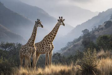 Obraz premium Two giraffes stand gracefully in misty mountainous wildlife environment during daytime, surrounded by dry grass and scattered bushes, creating serene natural scene