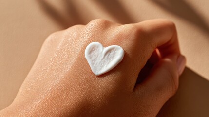 Creative application of heart-shaped lotion on a hand during a morning skincare routine