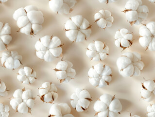 Background with cotton bolls containing soft, fluffy fibres. Opened fluffy cotton flowers buds, harvesting. Full frame.