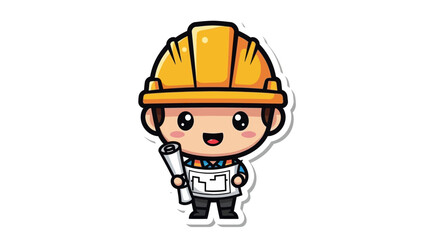 Obraz premium Cute Cartoon Construction Worker Holding Blueprint with Hard Hat.