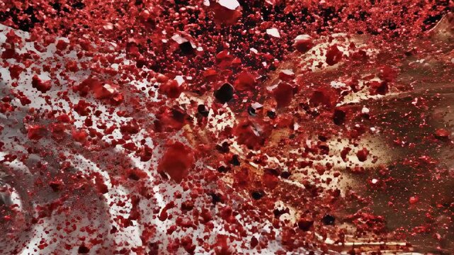 Seamless loop of elegant white and gold fluid simulation corrupted by intense, chaotic red polygonal noise and dark geometric fragmentation intense, loop, background