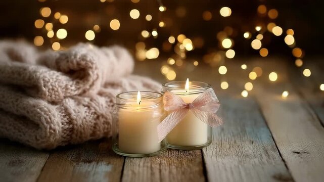 A cozy winter scene featuring lit white candles adorned with a pink ribbon and a chunky knit blanket