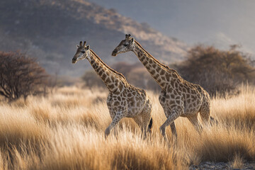 Obraz premium Two giraffes walking through golden grassland with mountainous background during soft natural light, showcasing wildlife in serene savannah environment