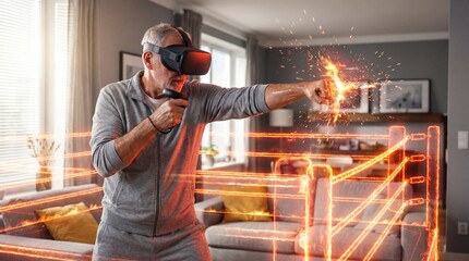 Active senior man boxing with glowing holographic augmented reality interface in living room fitness workout