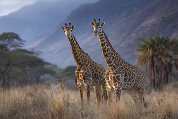 Fototapeta na wymiar Two giraffes standing calmly in tall dry grass with mountain and trees in background during natural daylight, showing their patterned fur and long necks in serene wildlife scene