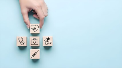 Overhead shot of a hand arranging wooden blocks with medical icons on a light blue background.