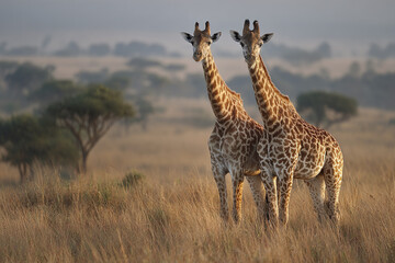 Obraz premium Two giraffes standing together in peaceful savanna grassland with distant trees and soft natural light creating calm and serene wildlife scene