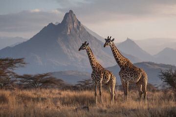Fototapeta premium Giraffe standing in dry savanna grassland with mountain background during golden hour light, peaceful wildlife scene in natural habitat with warm tones and clear sky