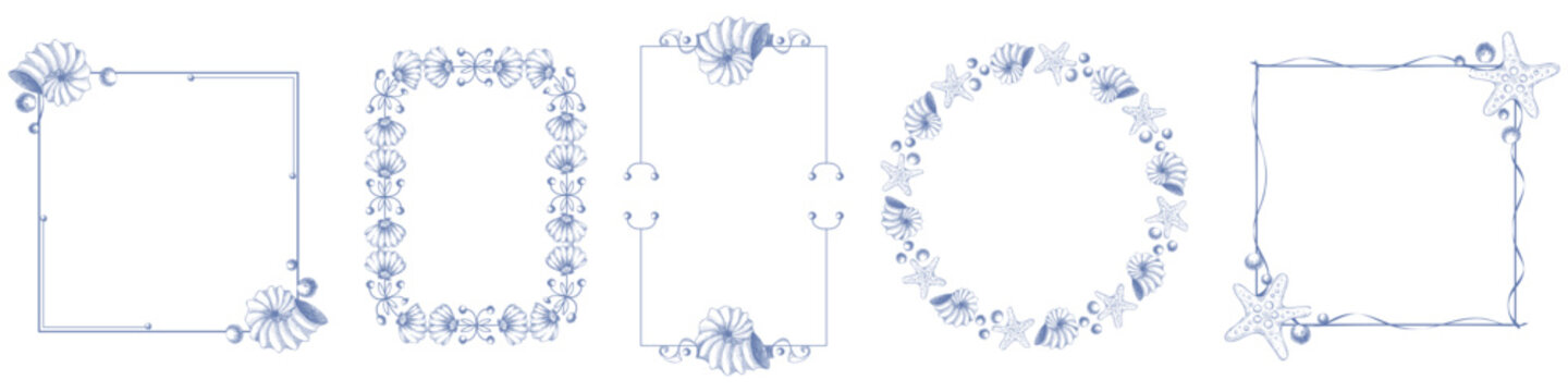 Vintage sea frames set with hand drawn doodles. Blue decorative border adorned with seashells, starfish motifs and marine elements in whimsical line for beach wedding invitation, summer birthday card