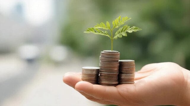 Hand holding a stack of coins with a small plant growing, symbolizing financial growth