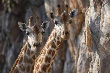 Obraz premium Two giraffes standing close together near natural rock formation, showing their long necks and distinctive spotted patterns in soft natural light