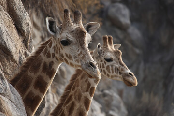 Obraz premium Two giraffes standing near natural rock formation with calm expressions in wildlife setting, showcasing their distinctive patterned fur and long necks in soft natural light
