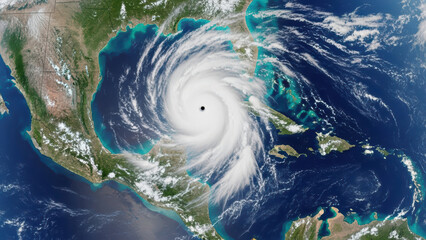 A satellite image captures a massive hurricane over the ocean near North America from a high-angle view.