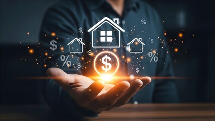 A man in a dark shirt holds his hand out with a glowing dollar sign and house icons floating above it, surrounded by financial symbols in a dark room with a cinematic lighting effect.