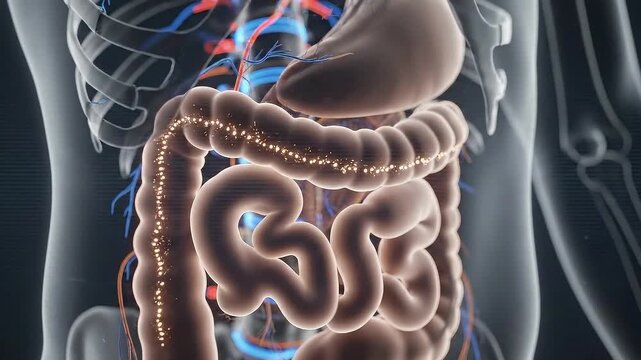 Human Digestive System Anatomy Animation Inside Body Transparent Skeleton with Veins and Artery Representing Digestion