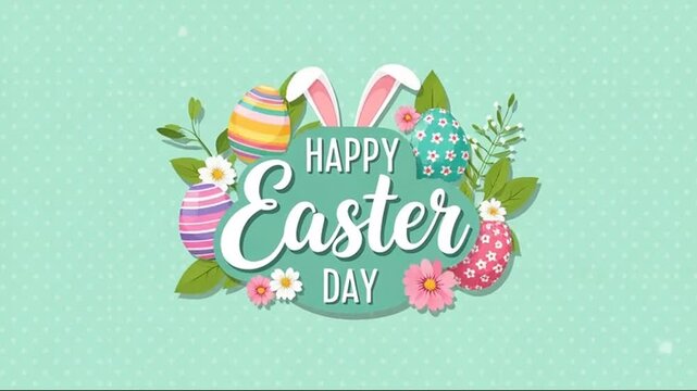A green background with a white Easter bunny and a white flower