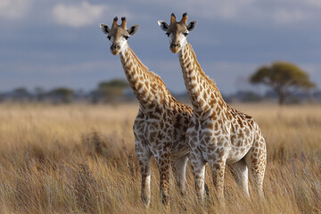 Obraz premium Two giraffes standing side by side in golden savanna with cloudy sky background, showing their tall necks and patterned fur in calm natural setting