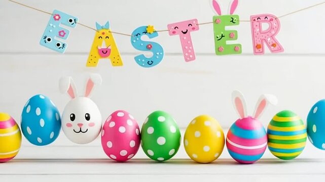 A row of Easter eggs with a banner that says Easter