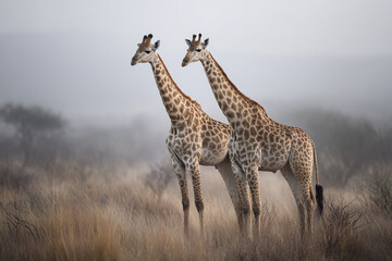 Fototapeta premium Two giraffes standing together in misty open savanna with dry grass and blurred trees in background, showcasing their tall necks and spotted fur pattern