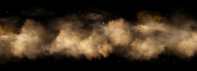 Naklejka na ściany i meble Sand storm cloud with flying dust particles on black background - brown desert smoke effect with realistic texture. Isolated sandstorm overlay with dusty atmosphere and wind blown dirt particles