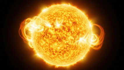 Fototapeta premium The sun displays intense solar flares and vibrant orange-yellow surface details in a close-up view from space.
