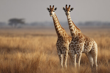 Obraz premium Two giraffes standing together in dry savanna grassland with blurred tree in background, showcasing their tall necks and patterned fur in warm natural light