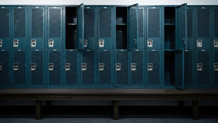 A long row of robust heavy-duty metal lockers designed for storage is seen indoors.