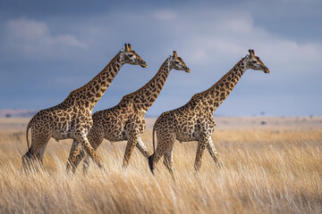 Obraz premium Three giraffe walking in wide open savanna under blue sky with soft clouds, natural wildlife scene with tall dry grass and peaceful atmosphere
