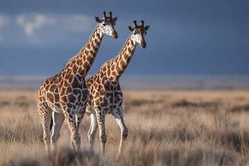Two giraffes walking in wide open savanna under cloudy blue sky, showcasing their tall necks and patterned fur in natural habitat with dry grassland around