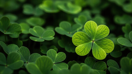 A macro photograph shows lush verdant clover leaves filling the frame with a single leaf standing out.