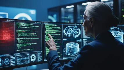 Senior Woman Working on Computer With Data Visualization in Dark Server Room - Powered by Adobe