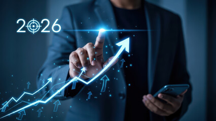 A medium shot eye-level realistic photograph capturing a businessman analyzing data with a smartphone in a modern office with graphs.