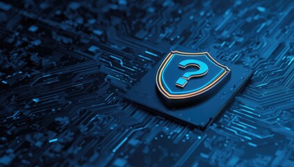 Circuit board with a security shield and a question mark icon in a futuristic, techy illustration