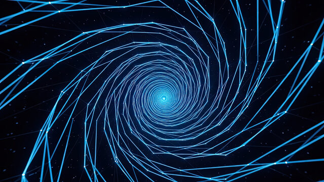 A glowing blue polygonal tunnel spirals into a vortex, creating an backdrop with connected lines and points of light on a dark