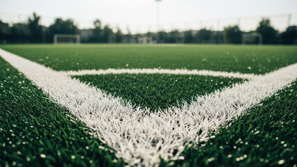 A professional soccer field with white markings on green turf is shown from a low angle.