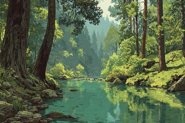 Obraz premium Green forest river landscape with tall trees and calm water reflecting nature, creating peaceful and serene environment perfect for relaxation and outdoor enjoyment
