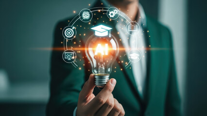 Person holding glowing light bulb with digital innovation icons in business suit, modern office environment, close-up view, creativity and technology concept
