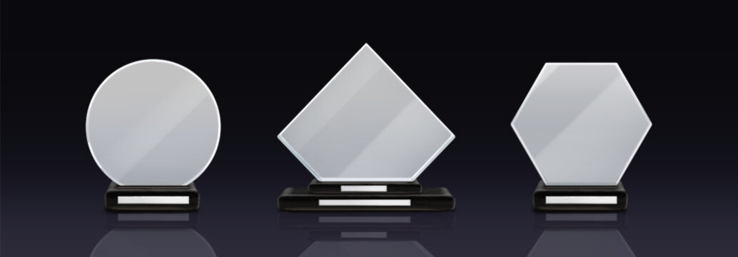 Glass trophies set isolated on black. Vector realistic illustration of round, rhombic, hexagonal crystal awards, transparent prize mockup for competition winner, symbol of recognition, leadership sign
