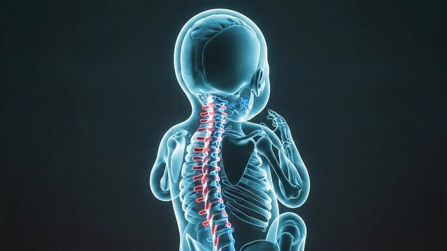 Human Fetus Skeleton Anatomy Animation on Dark Blue Background Visualization for Medical Education and Health Awareness