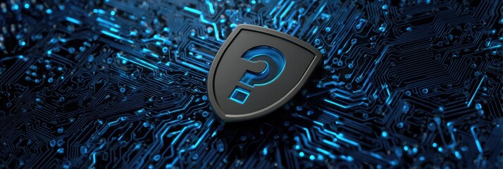 A shield with a glowing question mark floats above a blue circuit board background, suggestive of data security