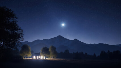 A serene winter landscape at night showcases a frozen lake with mountains and trees under a moonlit sky with a village.